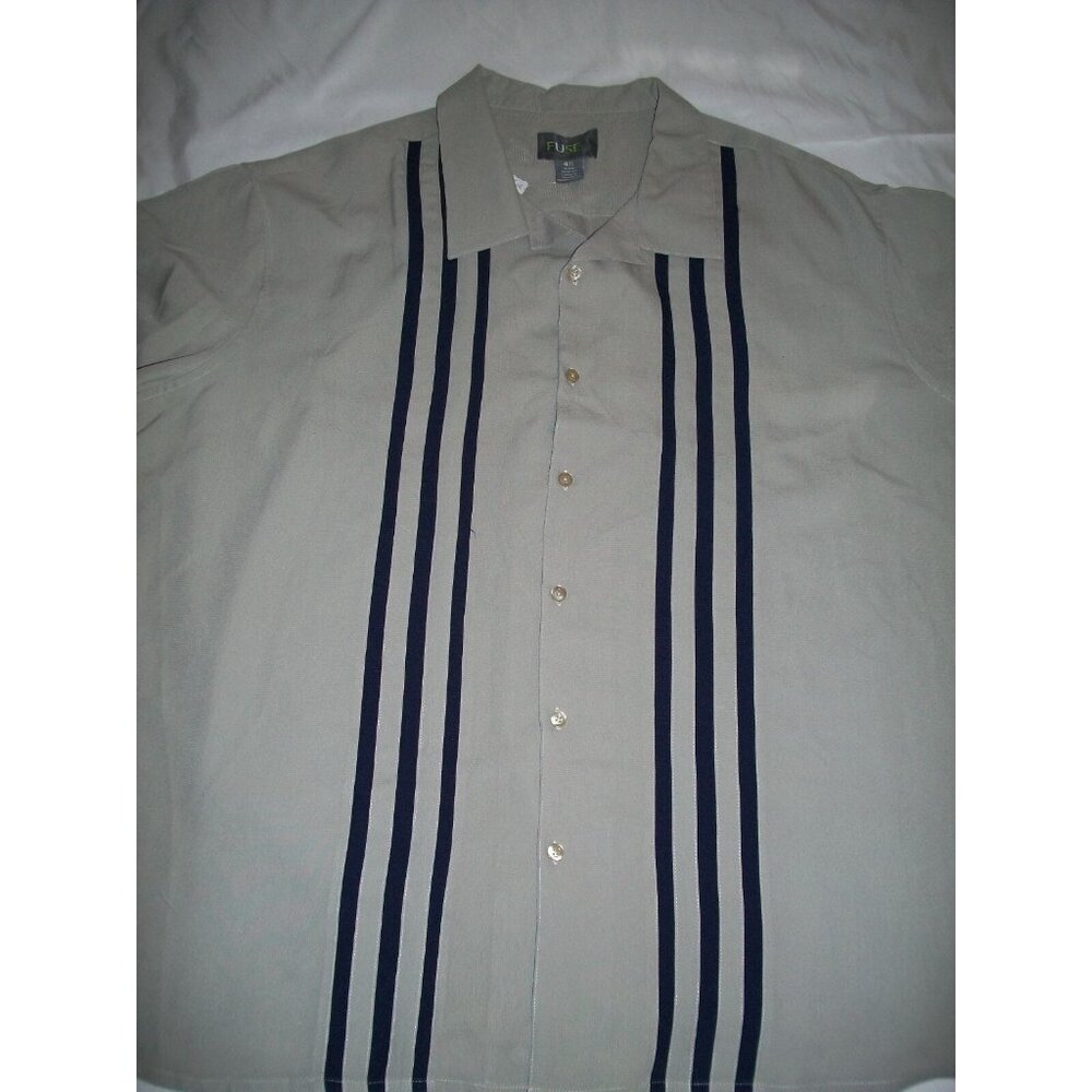 Fuse Mens Beige Button-Up Shirt Navy Stripes Short Sleeve Casual Wear Size 4XL